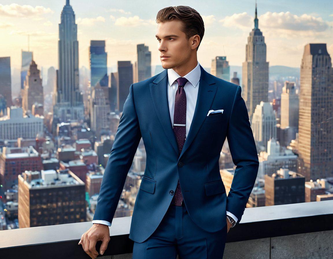 A stylish professional wearing a perfectly tailored suit, showcasing a blend of modern and classic elements. Include a backdrop of a bustling cityscape to emphasize the functionality of work attire. Emphasize details like custom stitching and unique fabric textures. The scene should capture both confidence and elegance, merging practicality with fashion. super-realistic. vibrant colors. 3D.