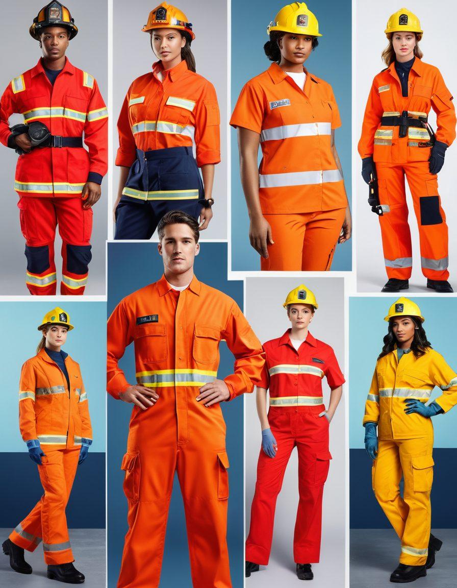 A dynamic collage showcasing diverse specialized uniforms, blending safety gear with fashion elements. Incorporate vibrant colors to highlight versatility, featuring a firefighter in a stylish suit, a medical professional in trendy scrubs, and a construction worker in chic safety attire. Background elements should include subtle textures representing different work environments. Include inspirational quotes about style and functionality. super-realistic. vibrant colors. collage style.