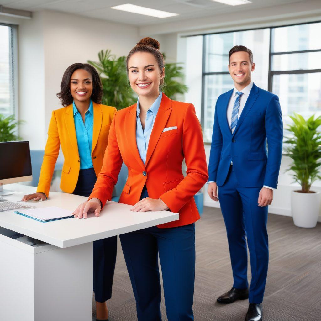 A dynamic office scene showcasing diverse employees wearing stylish, custom-tailored uniforms in vibrant colors, enhancing workplace camaraderie and professionalism. Include elements like modern desks, collaborative zones, and cheerful office plants to convey a thriving work environment. Focus on expressions of confidence and teamwork among the staff. super-realistic. vibrant colors. soft natural light.